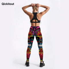 Quickitout Summer Style Women's Colorful Skull & Leaf Printed Slim Workout Leggings